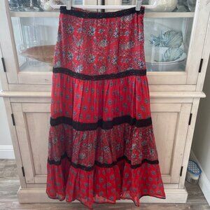 CAROLINA K ANTHROPOLOGIE RED BLOCK PRINT LULU SKIRT SILK SIZE SMALL NWT